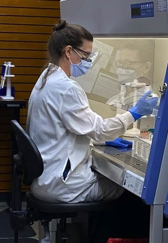 Ana Sacramento manually pipettes specimens into a 96 well plate. On the ThermoFisher TaqPath system, tests are run in batches of 94 patients. A negative and positive quality control test is included in each run to ensure accurate results. Photo courtesy The Vancouver Clinic