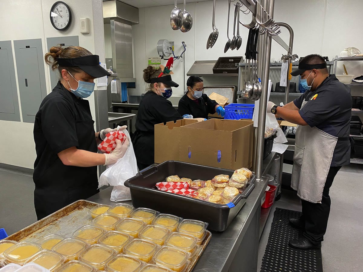 The Washougal School District food preparation team prepares meals for the district’s meal distribution program. Photo courtesy of Washougal School District