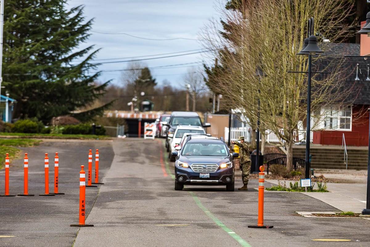 Cars line up at the Clark County Fairgrounds mass vaccination site. Photo by Mike Schultz