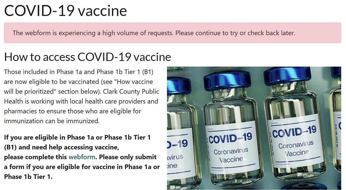 The Clark County Public Health website was slammed with traffic on Tuesday as people sought to register for a COVID-19 vaccination. Image via Clark County Public Health website