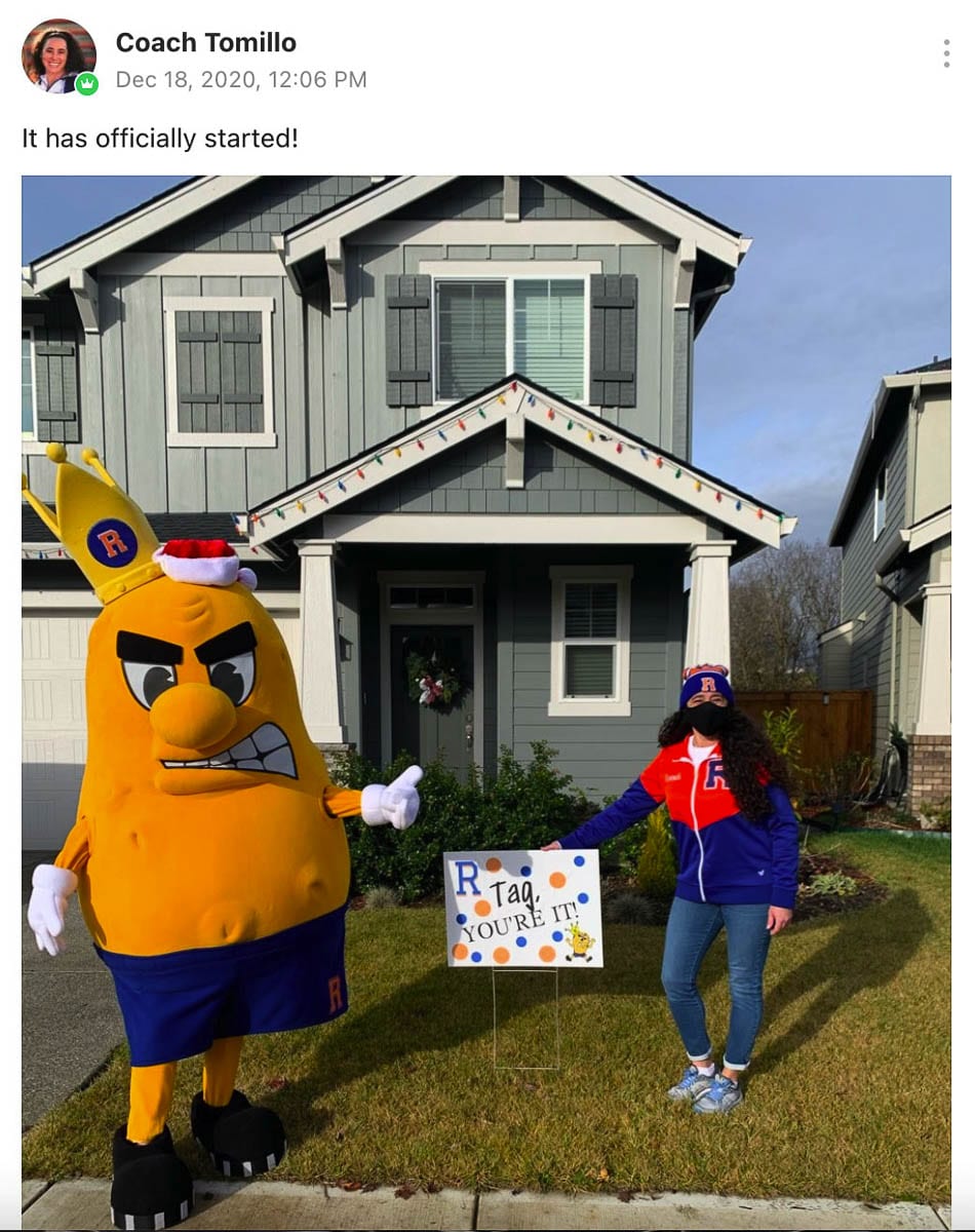 The Spudder mascot came to help with the first yard signs. Photo courtesy of Ridgefield School District