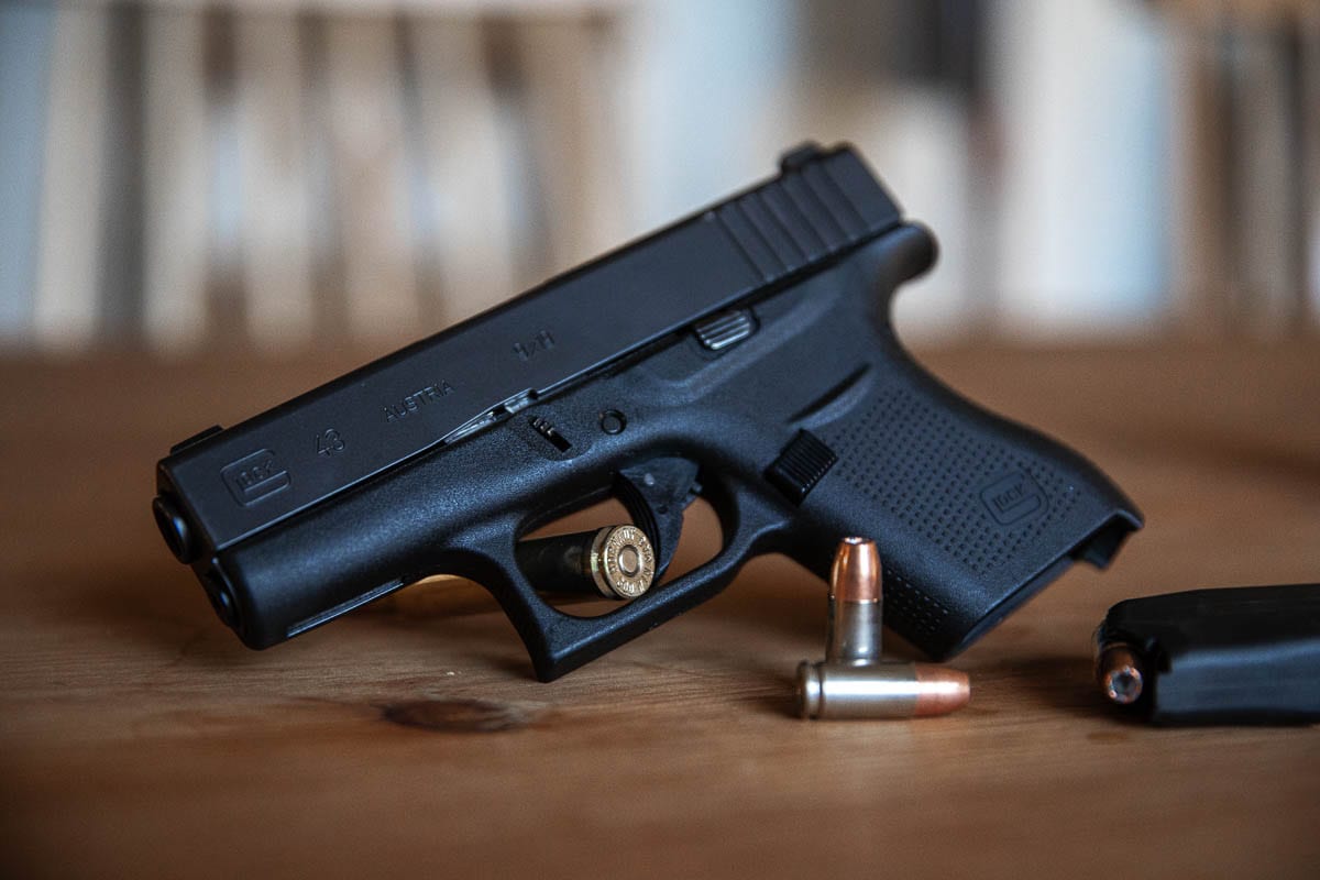 Compact pistols, such as this 9mm Glock 43, are commonly used as CPL guns as they can be carried with minimal holsters under clothing. Photo Illustration by Jacob Granneman