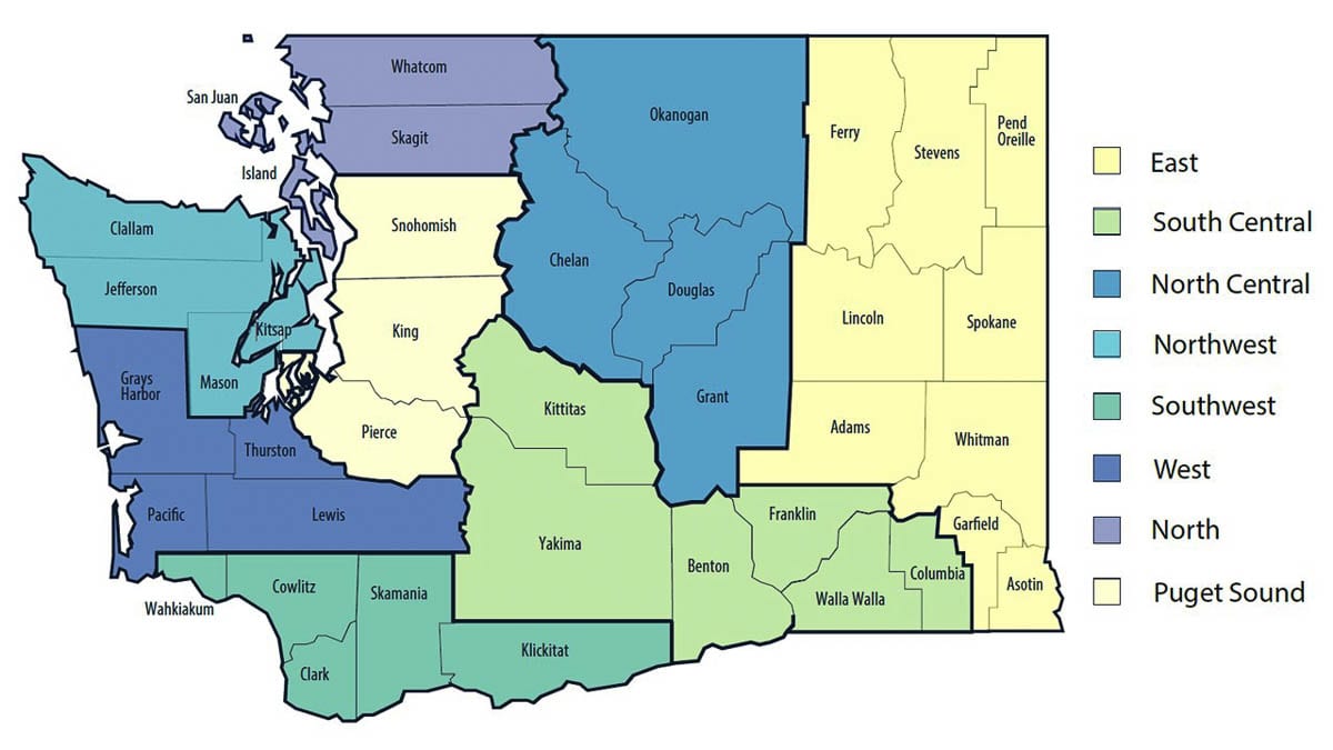 The Healthy Washington reopening plan divides the state into eight regions for gauging COVID-19 activity. Image courtesy Office of Washington Gov. Jay Inslee