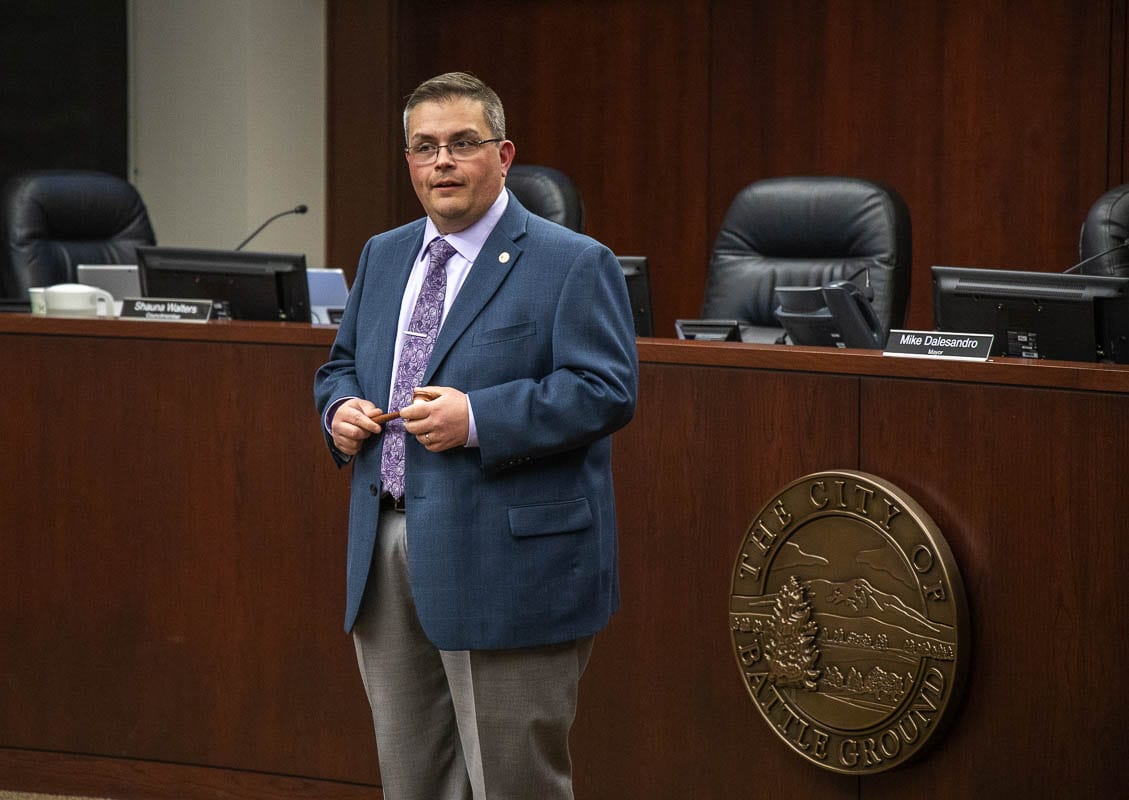 Battle Ground City Councilor Mike Dalesandro in early 2020 at a swearing-in ceremony for Mayor Adrian Cortes. Photo by Chris Brown