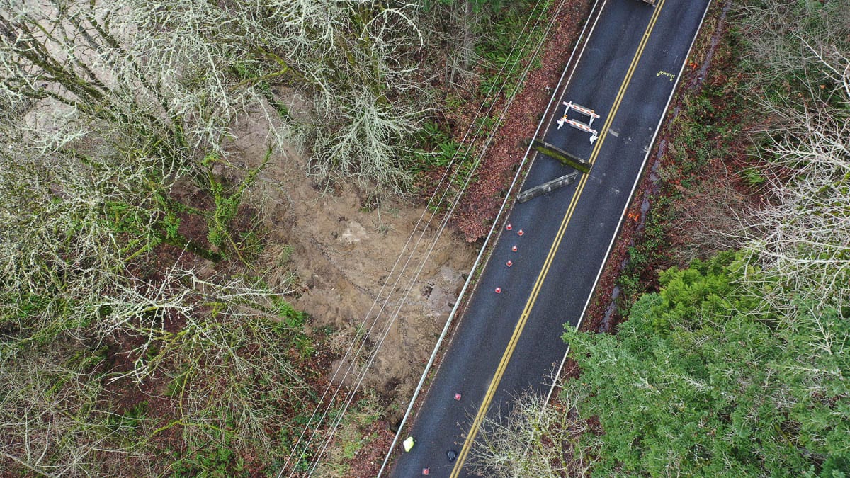 After days of heavy rain, a culvert failed under this portion of Pacific Highway leading to a mudslide that has closed a 3.7-mile stretch of road. Photo courtesy of Clark County Public Works