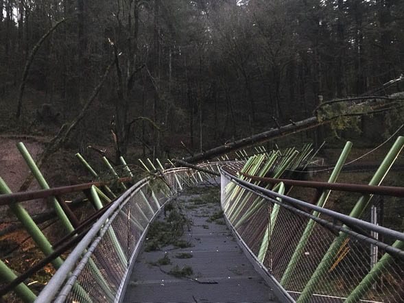 A landslide on West Burnside Road west of Portland brought trees and power lines down, damaging a pedestrian bridge. Photo courtesy Portland Parks and Rec