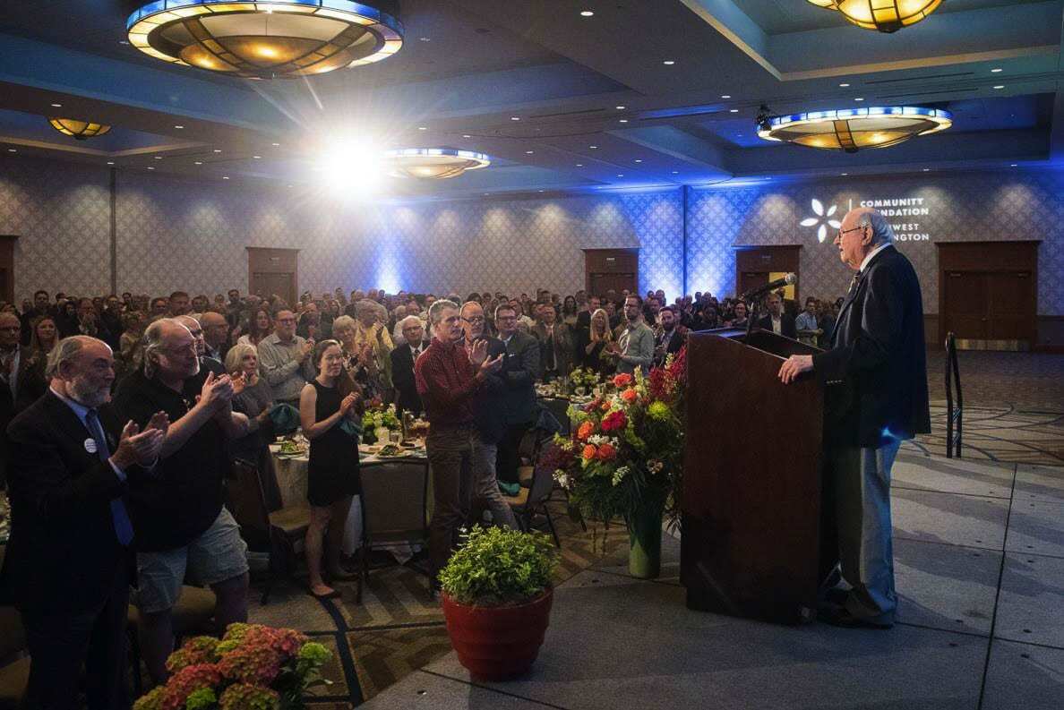 The late Dr. Donald Fuesler accepts a Lifetime of Giving Award presented to him and his wife Margaret in 2019 for their generous support for the arts, education and healthcare. The couple donated time and resources to Cowlitz County nonprofits such as CASA, The Columbia Theatre and the Southwest Washington Symphony Orchestra. Photo courtesy of Community Foundation for Southwest Washington