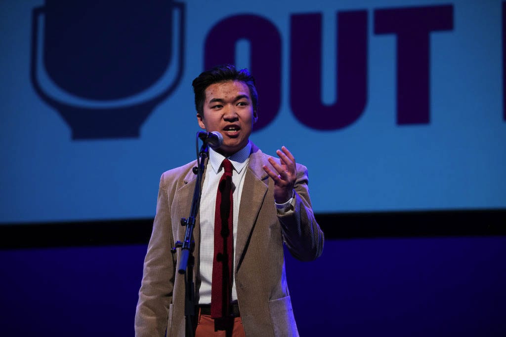 Last year’s Washington state winner, Isaac Lu of Ridgefield, is seen here at the national competition in 2019. Photo courtesy of Poetry Out Loud