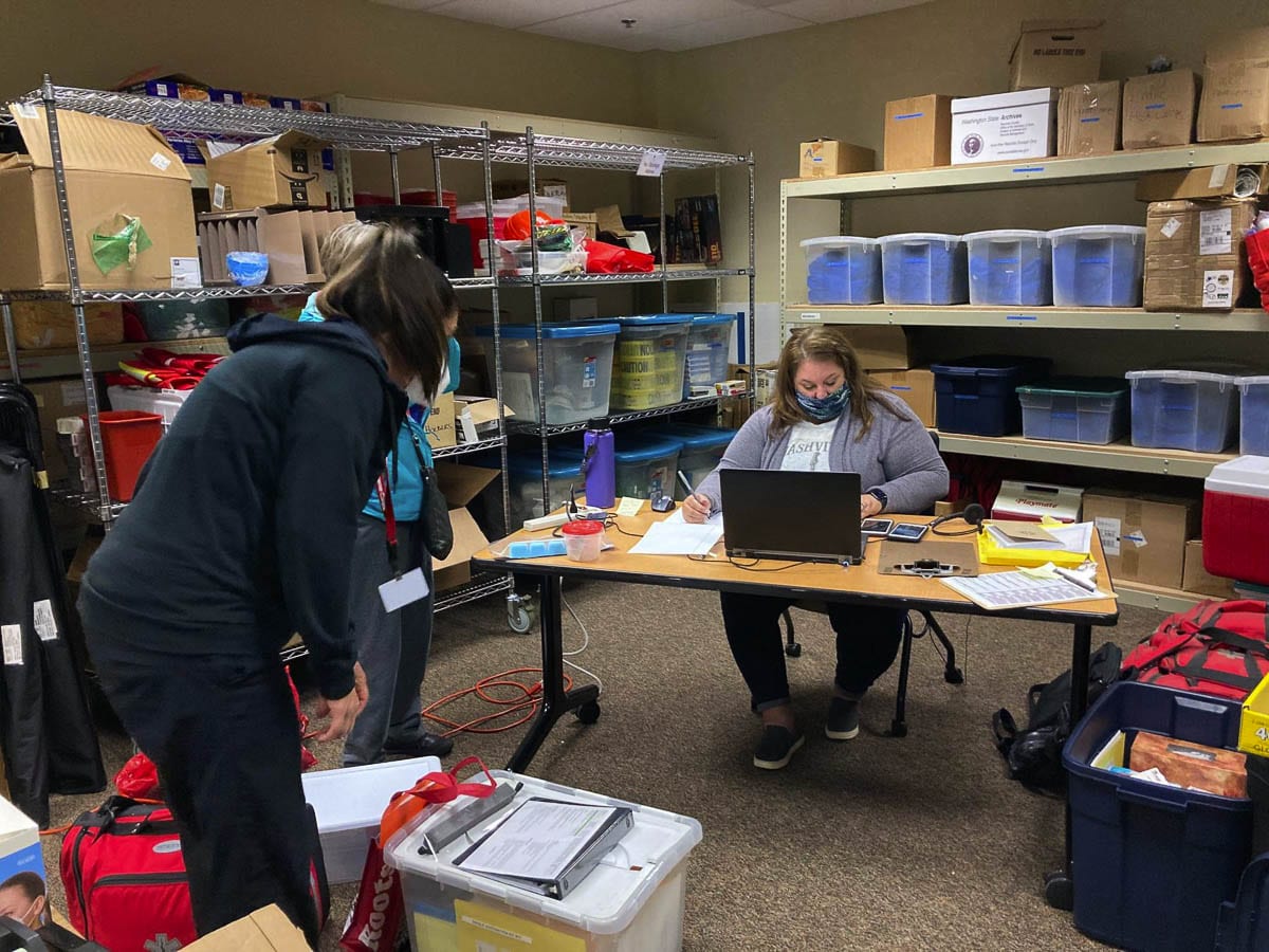 Medical Corps volunteers work to prepare vaccinations for long-term care homes in Clark and Cowlitz county. Photo courtesy Clark County Public Health