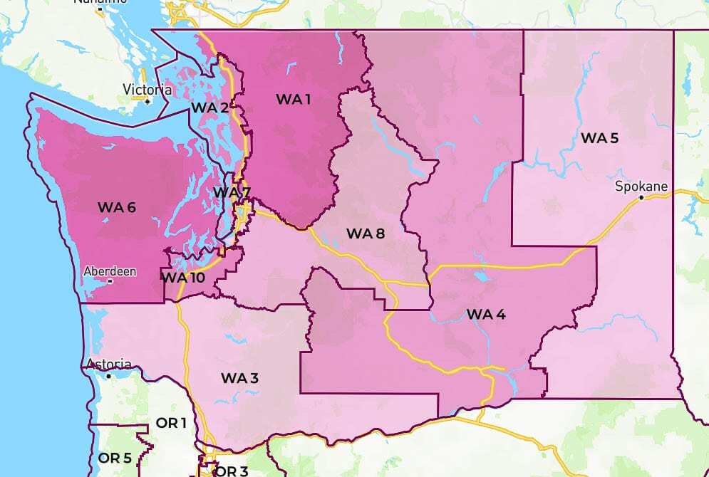 Washington’s 10 federal congressional districts are shown here on an interactive map accessible on the GovTrack website. Photo courtesy of GovTrack