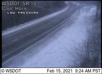 SR-14 at Cape Horn was a sheet of ice Monday morning. Image courtesy WSDOT