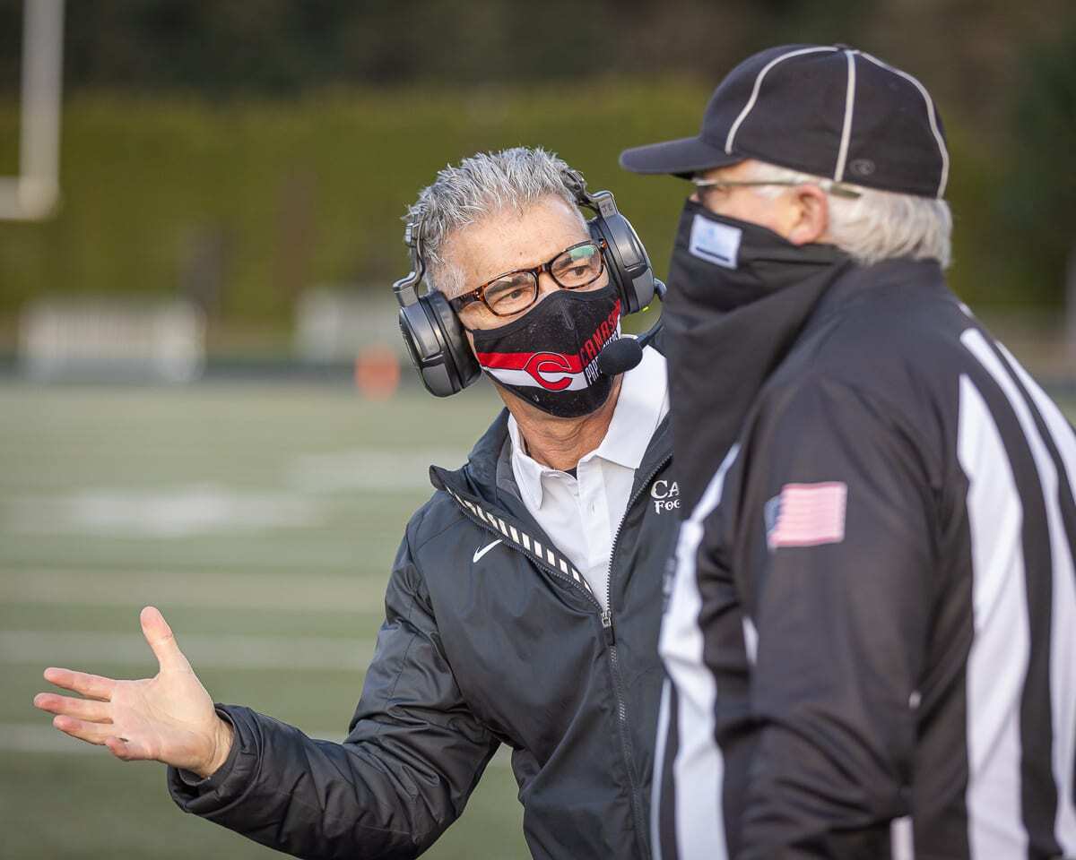 Camas coach Jon Eagle said playing three games in nine or 10 days would not be ideal long-term, but for this pandemic schedule, it is the right call, to allow football players the opportunity to play. Photo by Mike Schultz