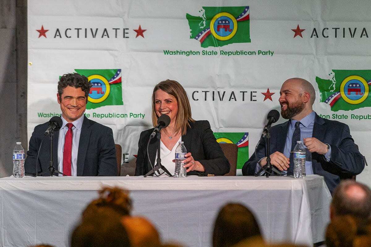 Republican candidates for the Third Congressional District participated in a candidate forum Tuesday night in Battle Ground. Shown here (left to right) are candidates Joe Kent, Heidi St. John and Wadi Yakhour. Photo by Mike Schultz