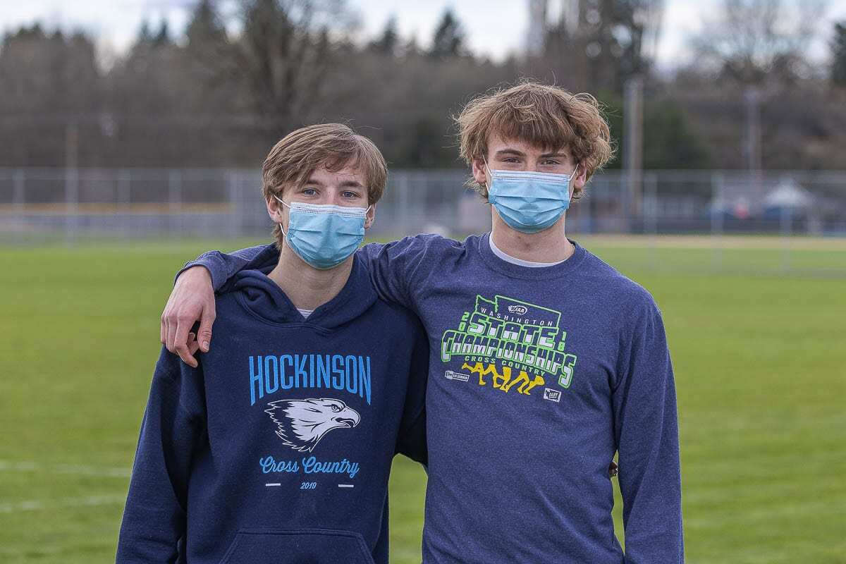 Josh Saeman, left, and Trevan Bischoff have been teammates, close friends, and rivals for Hockinson cross country for years. Photo by Mike Schultz