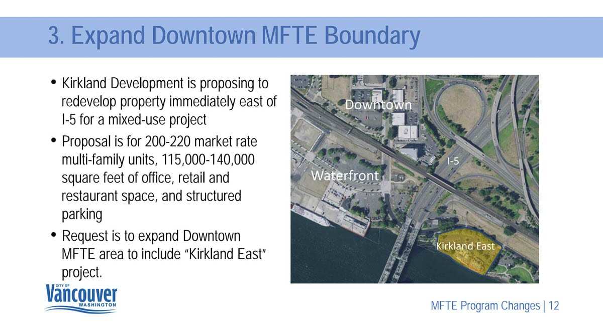 Vancouver City Council could vote next week to include a 2-acre property east of the Interstate Bridge in their Multifamily Tax Exemption overlay. Image courtesy Vancouver Community and Economic Development