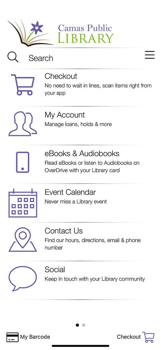 The main menu screen of the Camas Public Library app, which should be available on mobile platforms by early April. Photo courtesy of Danielle Reynolds.