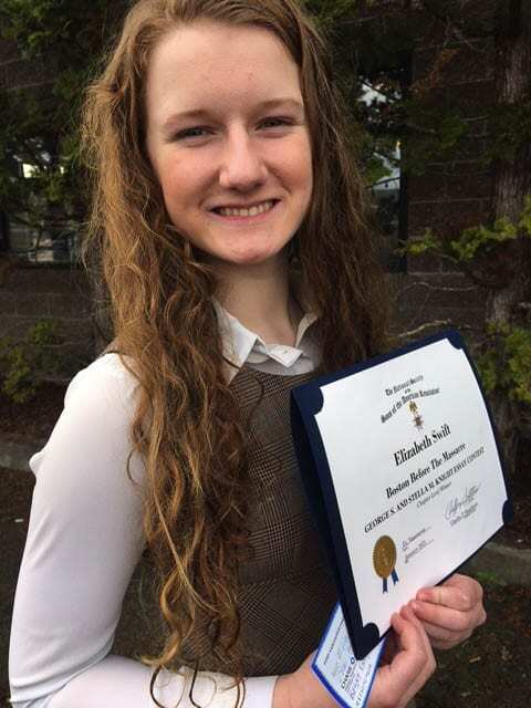 Elizabeth was awarded $100 for her essay’s regional win, and could win as much as $5,000 on the national level. Photo courtesy of The Fort Vancouver SAR Chapter