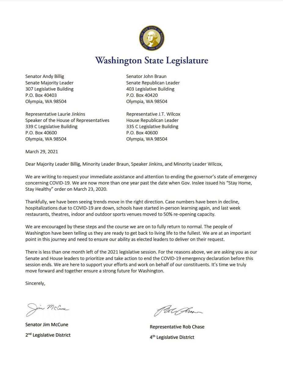 Representative from 17th District has been joined by 22 other lawmakers to ask for an end to Gov. Jay Inslee’s state of emergency by end of 2021 legislative session.