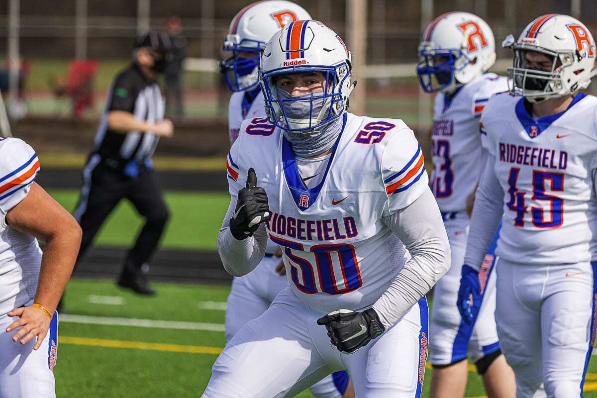 Bailey Meek was the biggest football recruit in King’s Way Christian history. When that program went on hiatus, he enrolled at Ridgefield and became the 2A GSHL’s Defensive Player of the Year. Photo by Mike Schultz