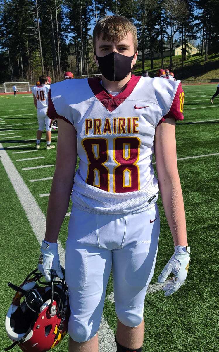 Aidan Sweeney, a student at King’s Way Christian who plays football for Prairie, sacked his former teammate Mason Packer, who plays for Skyview, in a game earlier this season. Both used to play for King’s Way Christian. Photo by Paul Valencia