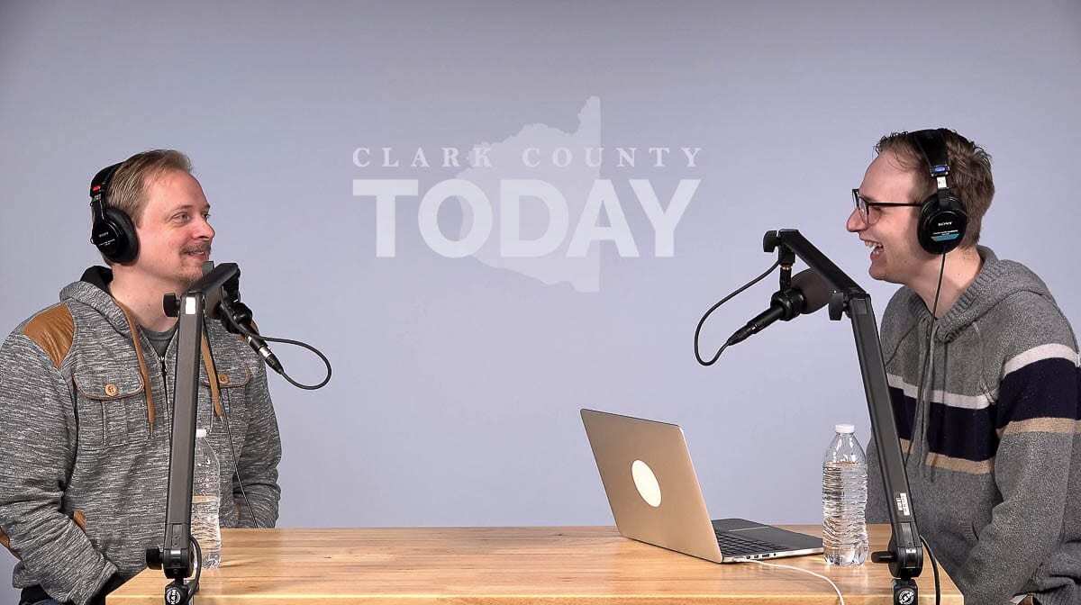 Reporters Chris Brown and Jacob Granneman speak during a recording of the Behind the Scenes Podcast for Clark County Today. Photo by Jacob Granneman