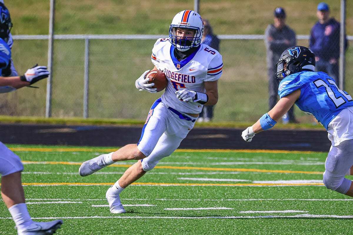 Former King’s Way Christian football player Ty Snider became an all-league wide receiver in his first season with Ridgefield. Photo by Mike Schultz