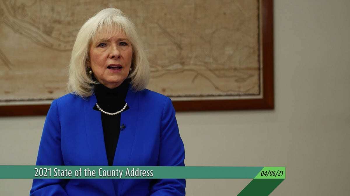 Clark County Council Chair Eileen Quiring O’Brien is seen here via CVTV delivering the 2021 State of the County address. Photo courtesy of CVTV