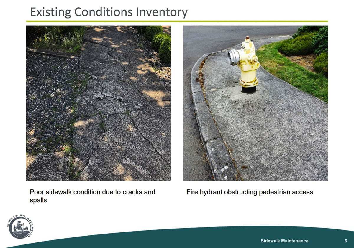Deteriorating concrete and even fire hydrants in the public right of way are other common problems in need of repair along Clark County sidewalks. Image courtesy Clark County Public Works