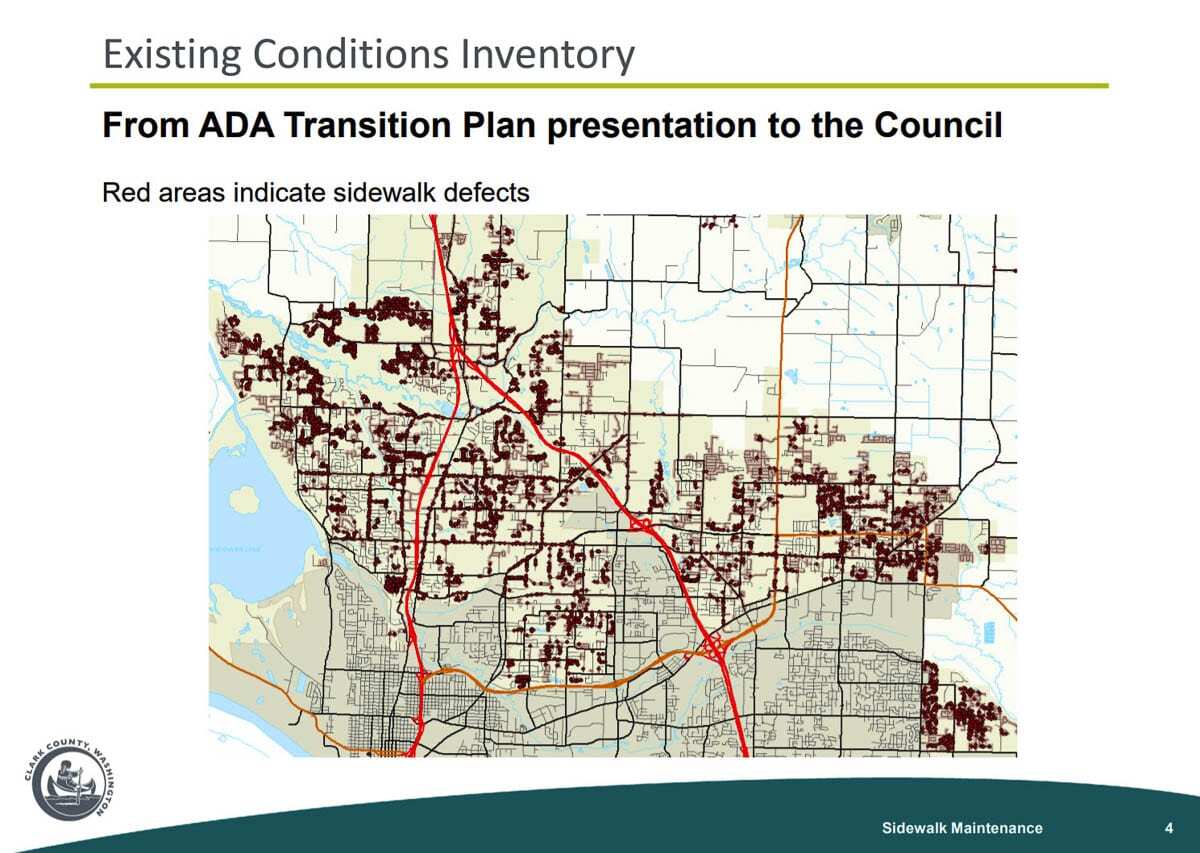 This ADA survey done in unincorporated Clark County shows the thousands of sidewalk miles in need of repair (in red). Image courtesy Clark County Public Works