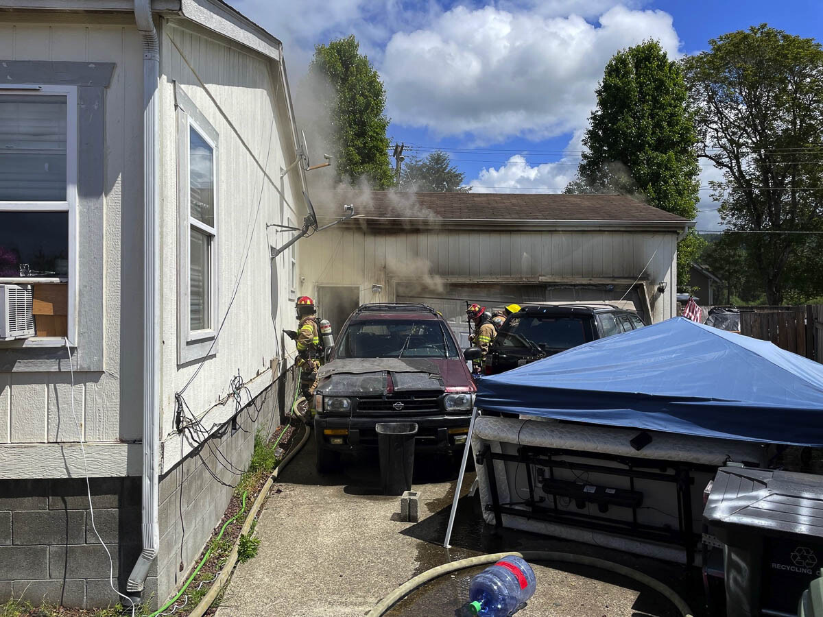 Clark-Cowlitz Fire Rescue (CCFR) units were dispatched at 1:43 p.m. to a report of a garage on fire at 212 Springwood Street in Woodland. Photo courtesy of Clark-Cowlitz Fire Rescue