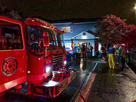 Vancouver Fire Department crews moved quickly to extinguish a fire at the Oak Creek Apartments early Thursday. Photo courtesy of Vancouver Fire Department