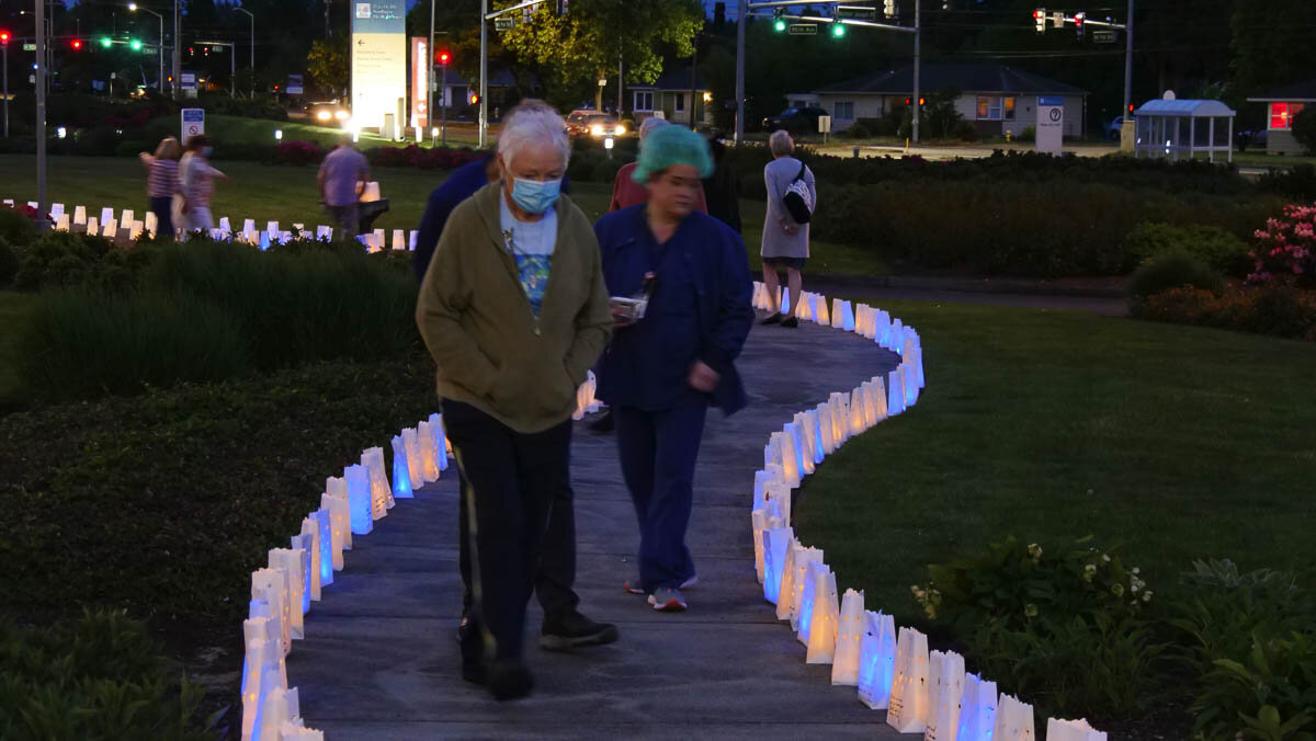 The display lit the garden path along PeaceHealth Southwest's Firstenburg Tower. Photo courtesy of PeaceHealth