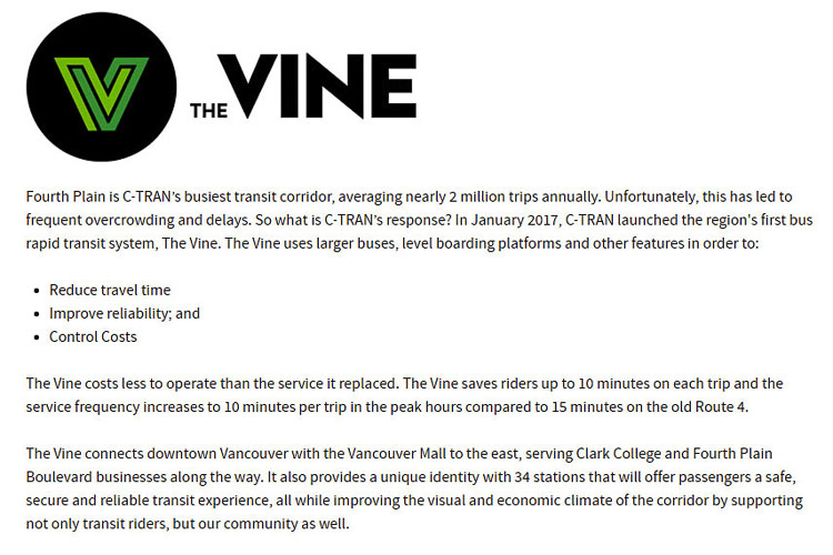 The Vine Bus Rapid Transit was proposed because it offered more frequent service and more passenger capacity. C-TRAN officials informed the FTA in 2011 that BRT would increase average weekday boardings from over 6,000 to 8,000 to 9,000 by 2030. Prior to the pandemic, boardings were down 33 percent to 3,989. Graphic courtesy of C-TRAN