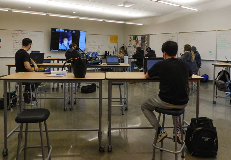 Andrea Reinertson’s Marketing II students participate in a conference call with Mike Bomar, Director of Economic Development at the Port of Vancouver. Photo courtesy of Ridgefield School District