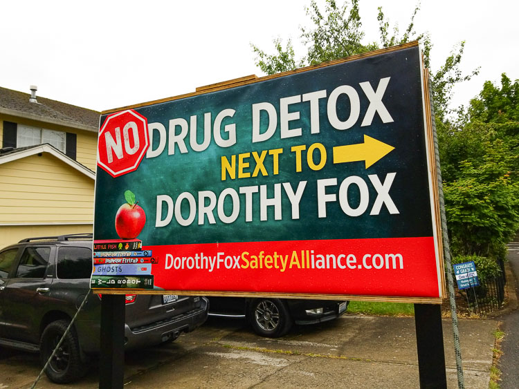 A “No Detox Center’’ sign sits across the street from the former Fairgate Estates property, as citizens object to placing a drug detox and rehab facility next to the Dorothy Fox Elementary School and playground. A hearing examiner awarded a Conditional Use Permit in April and citizens are filing a lawsuit to stop the owners from modifying the facility for drug rehab at this location. Photo by John Ley