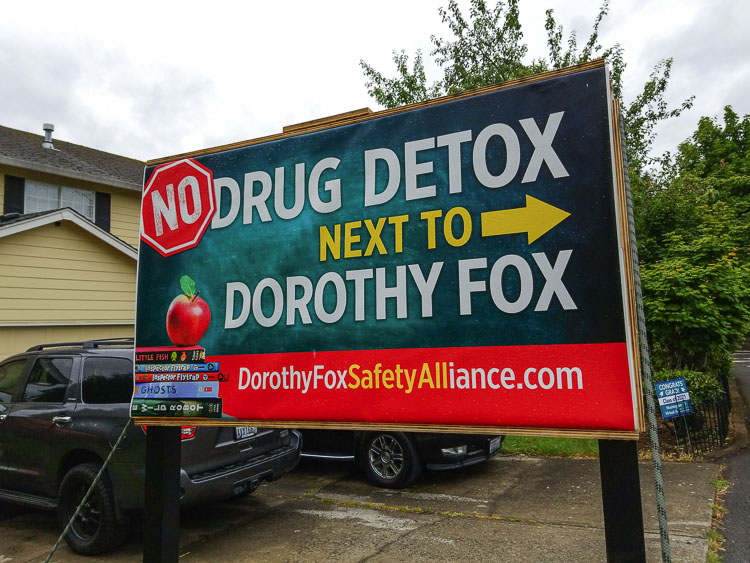 A “No Detox Center’’ sign sits across the street from the former Fairgate Estates property, as citizens object to placing a drug detox and rehab facility next to the Dorothy Fox Elementary School and playground. A hearing examiner awarded a Conditional Use Permit in April and citizens filed a lawsuit to stop the owners from opening the facility for drug rehab at this location. Photo by John Ley