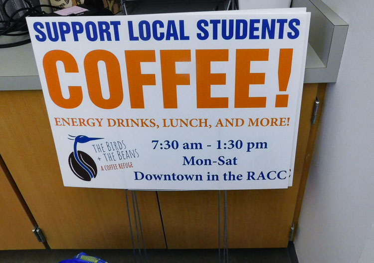 The marketing students designed the yard signs that are placed along city streets to advertise the Birds and the Beans. Photo courtesy of Ridgefield School District