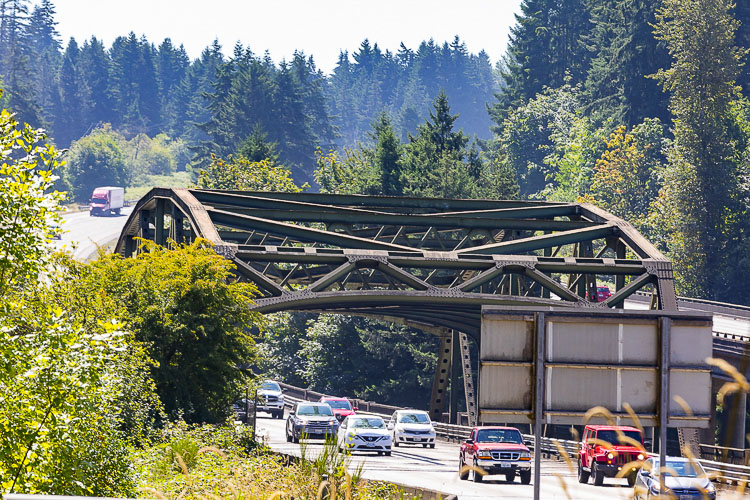 This file photo shows traffic in both directions on I-5 at the bridge over the East Fork Lewis River between Woodland and La Center. Road construction work began Tuesday on a 2-mile stretch of southbound I-5 near this location. Drivers can expect delays. File photo