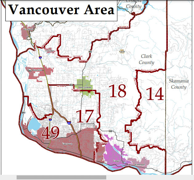 Redistricting in 2011 created the current legislative boundaries we know in Clark County. Primarily they have the 49th District cover the downtown and western Vancouver half of the city. The 17th District covers eastern Vancouver, running north to parts of Battle Ground and west to the Salmon Creek area. Finally, the 18th District has Camas, Washougal and then sweeps rural Clark County. It goes north through Battle Ground, Yacolt, and then west through La Center and Ridgefield and down to Felida. Graphic courtesy Redistricting Commission
