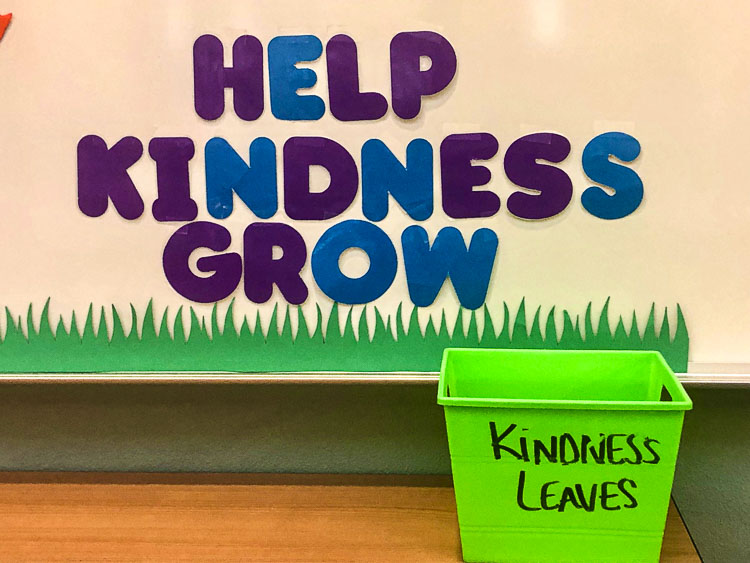 Students write down the acts of kindness they have experienced on the paper leaves, then place them in the basket to be added to the branches. Photo courtesy Ridgefield School District