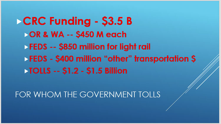 The failed Columbia River Crossing funding plan called for $450 million from each state, $850 million from the federal government to cover light rail, and a possible $400 million in “other” federal monies. The balance of $1.2 billion to $1.5 billion would be borrowed, paid back with tolling revenues. Graphic by John Ley