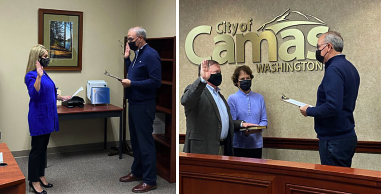Steve Hogan and Leslie Lewallen are sworn in by Camas City Attorney Shawn MacPherson on Tuesday. Because they were filling positions vacated by their predecessor, they took the oath of office once the election results were certified as official. Photos courtesy city of Camas