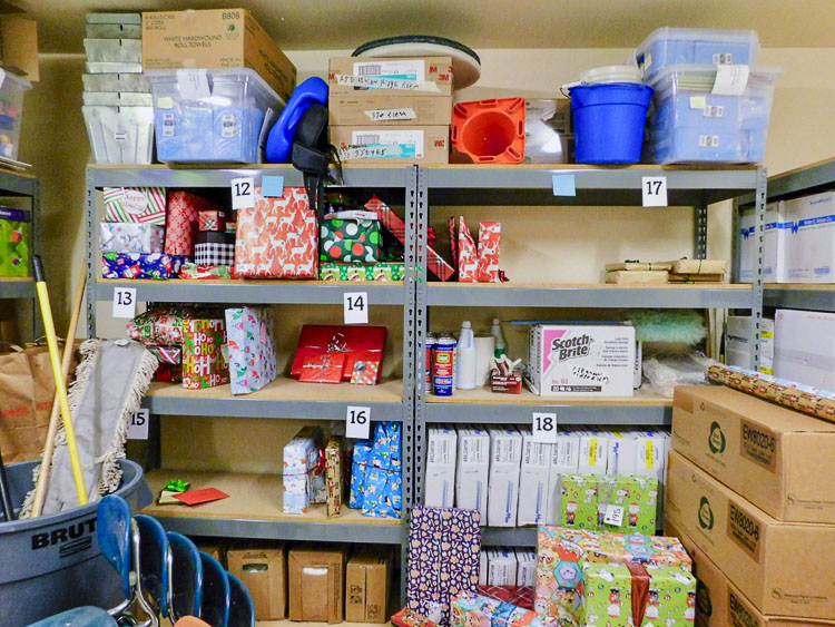 Gifts for the Giving Tree are tucked into every unused corner at Union Ridge Elementary School, where storage space is limited. Photo courtesy Ridgefield School District