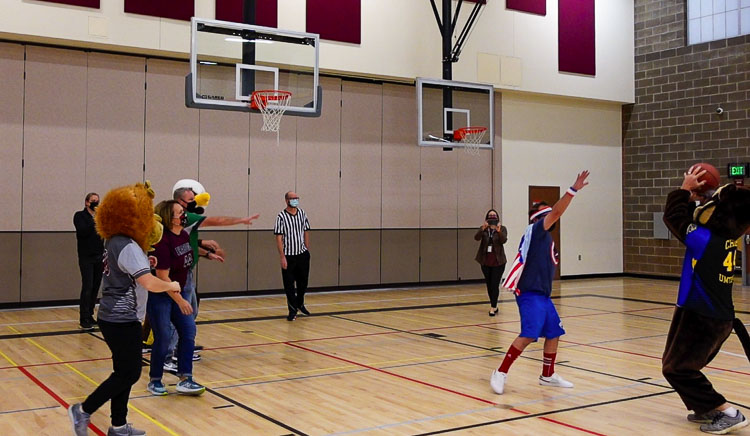 Middle school mascots and school principals square off in a friendly game of basketball. Photo courtesy Battle Ground School District