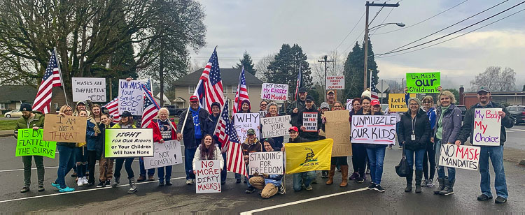 Woodland residents, parents and students protested mask mandates in schools this morning, another example of the mounting frustration over government intrusion during the pandemic. Photo courtesy Harlyn Thompson