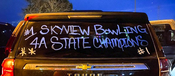 The vehicles that the Skyview Storm bowlers used might have been decorated before the end of the event. Maybe. The team had such a big lead that it is rumored some parents started decorating a little early. Photo courtesy Skyview Bowling team