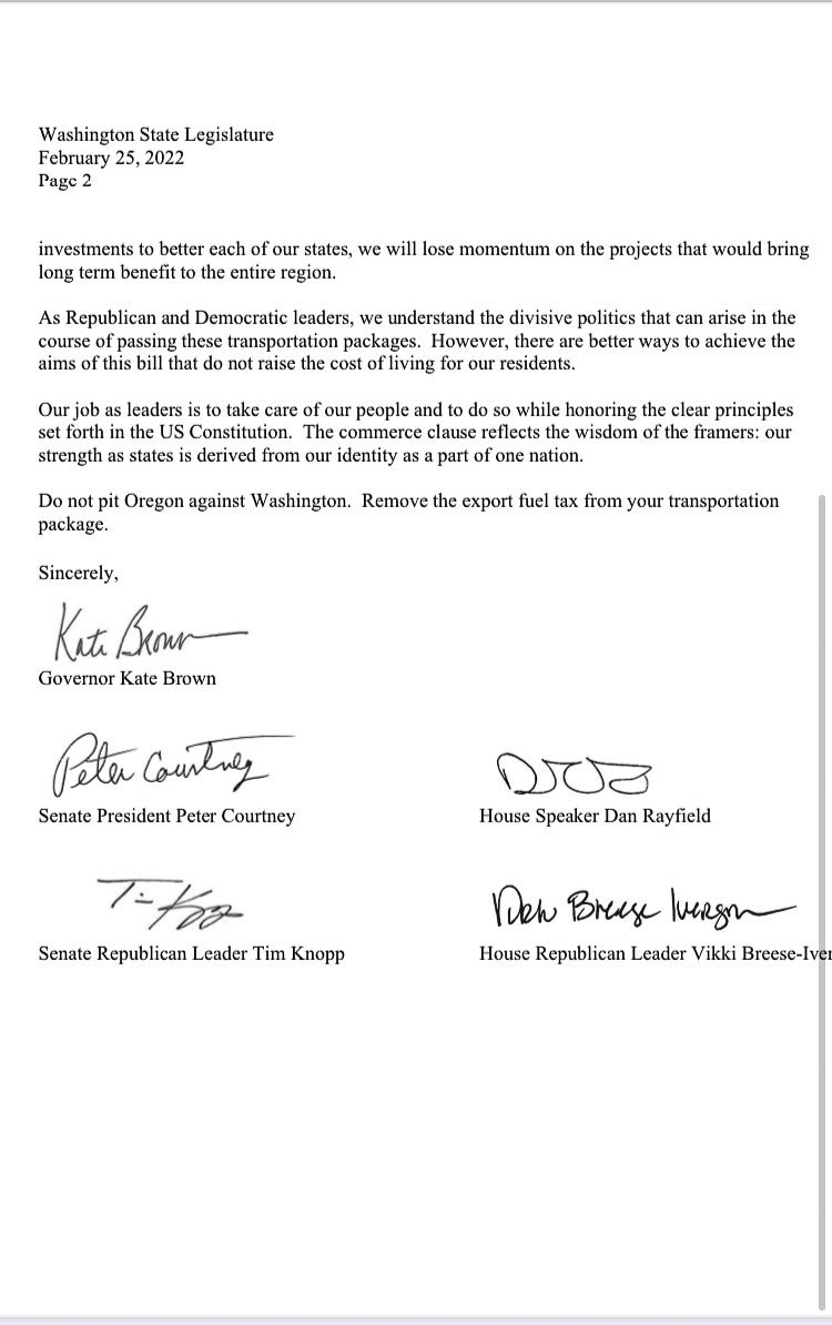 Oregon legislators on fuel tax war.jpg) The two page letter sent by Oregon Gov. Kate Brown, and four Oregon legislators, objecting to the 6 percent Washington export fuel tax proposal. Over the weekend, Rep. Jake Fey announced he would amend the bill in the House to remove the tax which has already passed the Senate. Graphic courtesy Oregon State Legislature