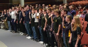 High school seniors from the region who are joining the military after graduation gave their ceremonial oaths of enlistment Wednesday at an “Our Community Salutes” event at Skyview High School. Photo by Paul Valencia
