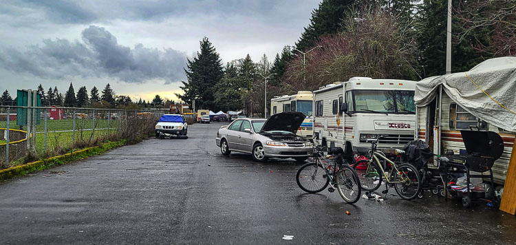 Homeless camps have been set up just feet from the athletic fields at Fort Vancouver High School. Photo by Paul Valencia