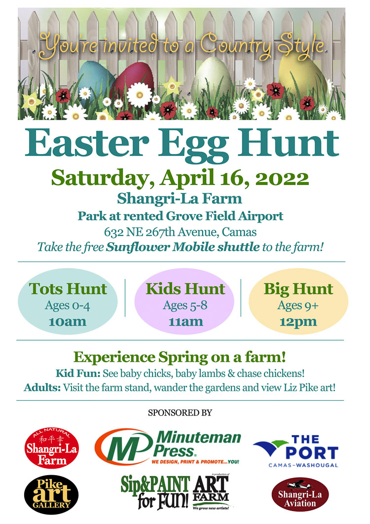 Local artist and Clark County Master Gardener Liz Pike is organizing a community Easter egg hunt at her organic Shangri-La Farm in Fern Prairie on Sat., April 16th.